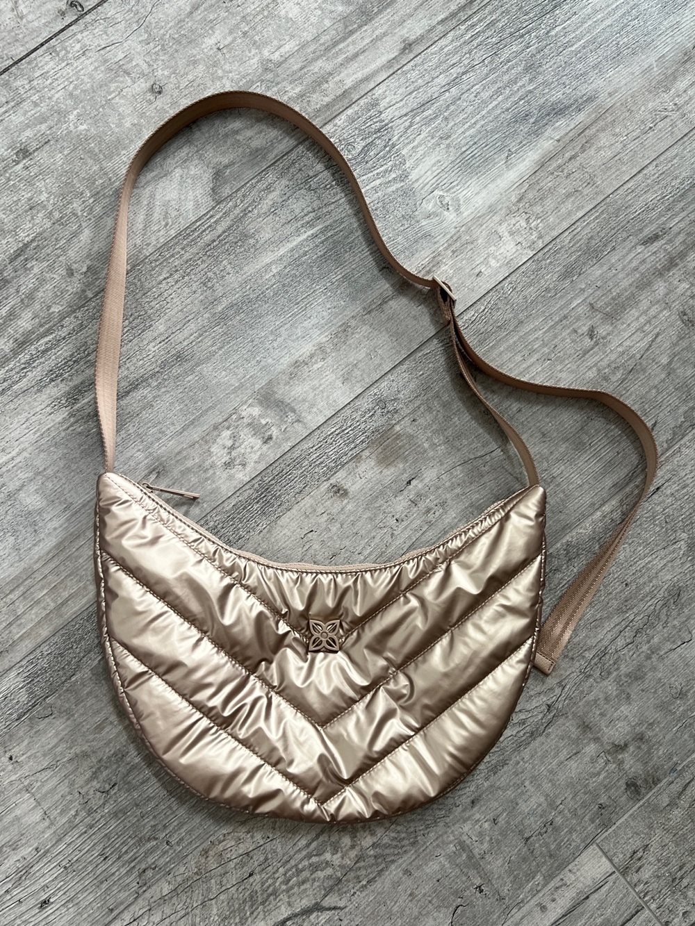 ANTONIO MELANI Metallic Quilted Crescent Crossbody Champagne Taupe